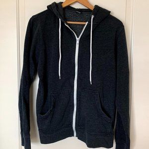 Black full zip hoodie with white zipper, size M